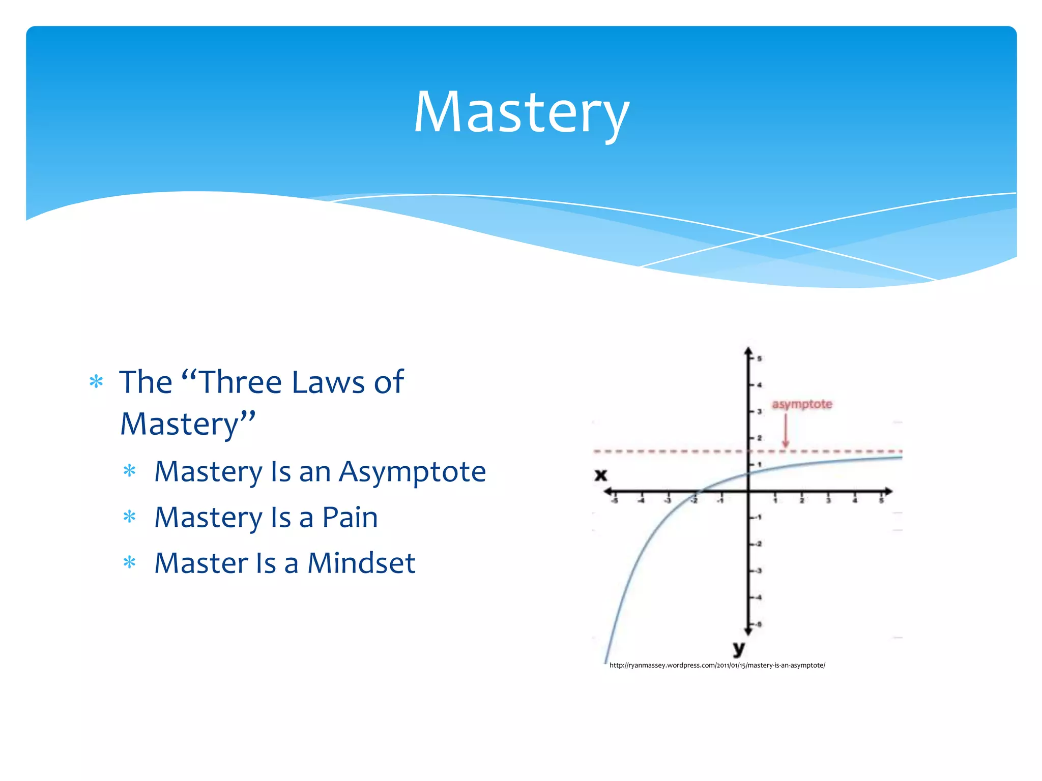 Mastery



The “Three Laws of
Mastery”
  Mastery Is an Asymptote
  Mastery Is a Pain
  Master Is a Mindset

                            http://ryanmassey.wordpress.com/2011/01/15/mastery-is-an-asymptote/
 