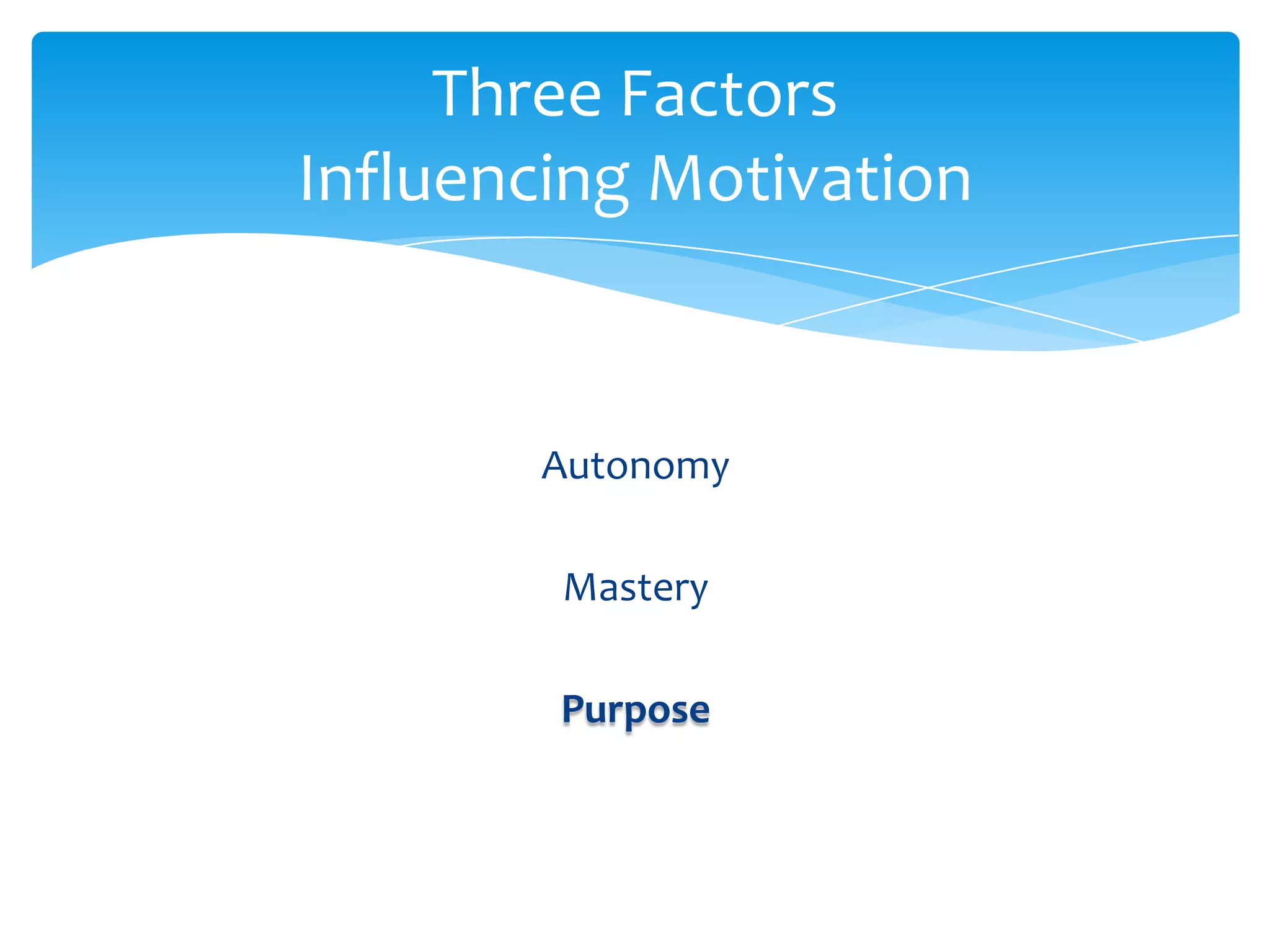 Three Factors
Influencing Motivation


       Autonomy

        Mastery

        Purpose
 