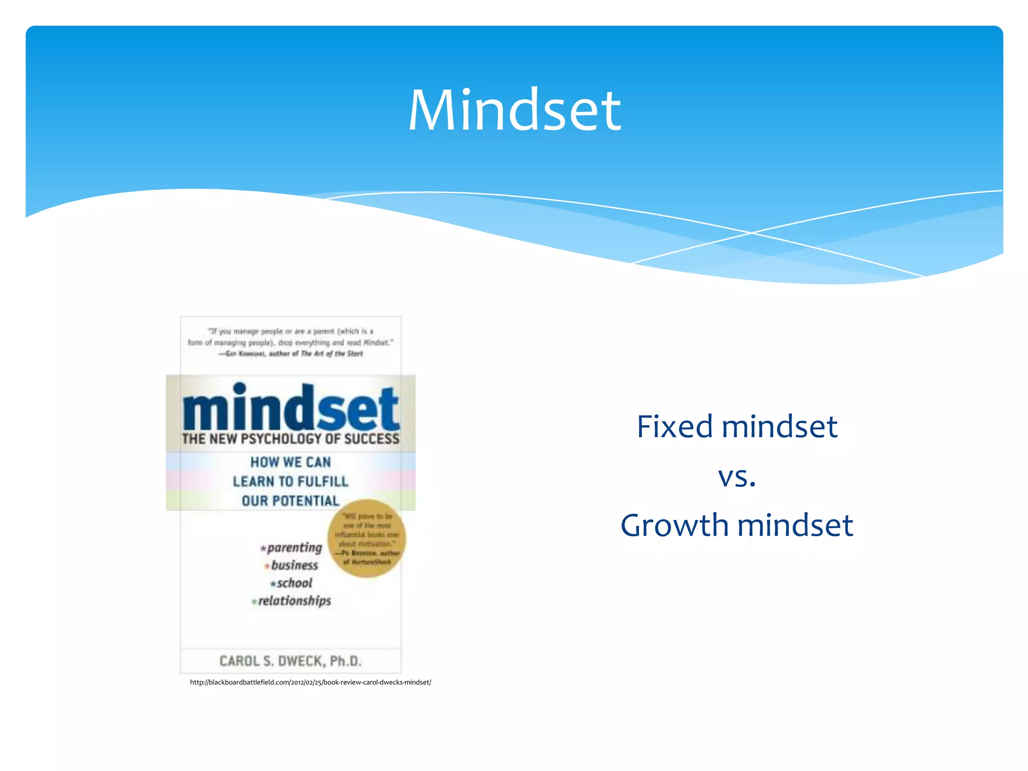 Mindset



                                                                                 Fixed mindset
                                                                                      vs.
                                                                                Growth mindset



http://blackboardbattlefield.com/2012/02/25/book-review-carol-dwecks-mindset/
 