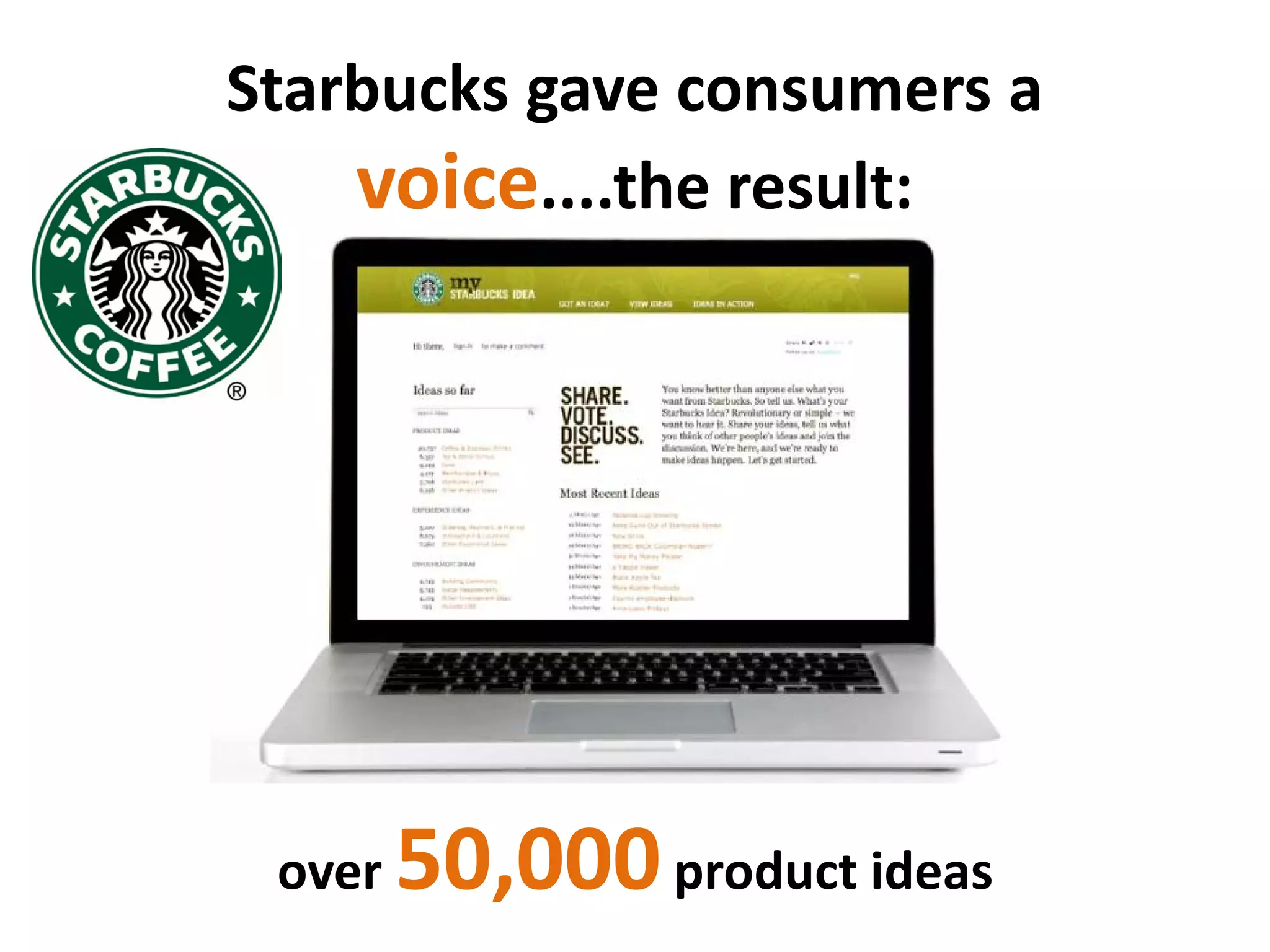 Starbucks gave consumers a
    voice....the result:




 over   50,000 product ideas
 