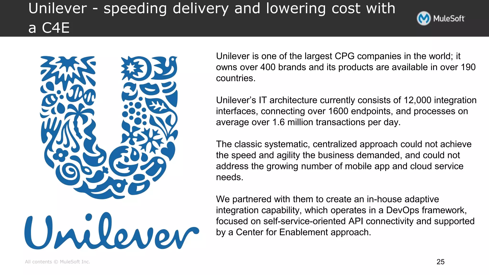 All contents © MuleSoft Inc.
Unilever - speeding delivery and lowering cost with
a C4E
25
Unilever is one of the largest CPG companies in the world; it
owns over 400 brands and its products are available in over 190
countries.
Unilever’s IT architecture currently consists of 12,000 integration
interfaces, connecting over 1600 endpoints, and processes on
average over 1.6 million transactions per day.
The classic systematic, centralized approach could not achieve
the speed and agility the business demanded, and could not
address the growing number of mobile app and cloud service
needs.
We partnered with them to create an in-house adaptive
integration capability, which operates in a DevOps framework,
focused on self-service-oriented API connectivity and supported
by a Center for Enablement approach.
 