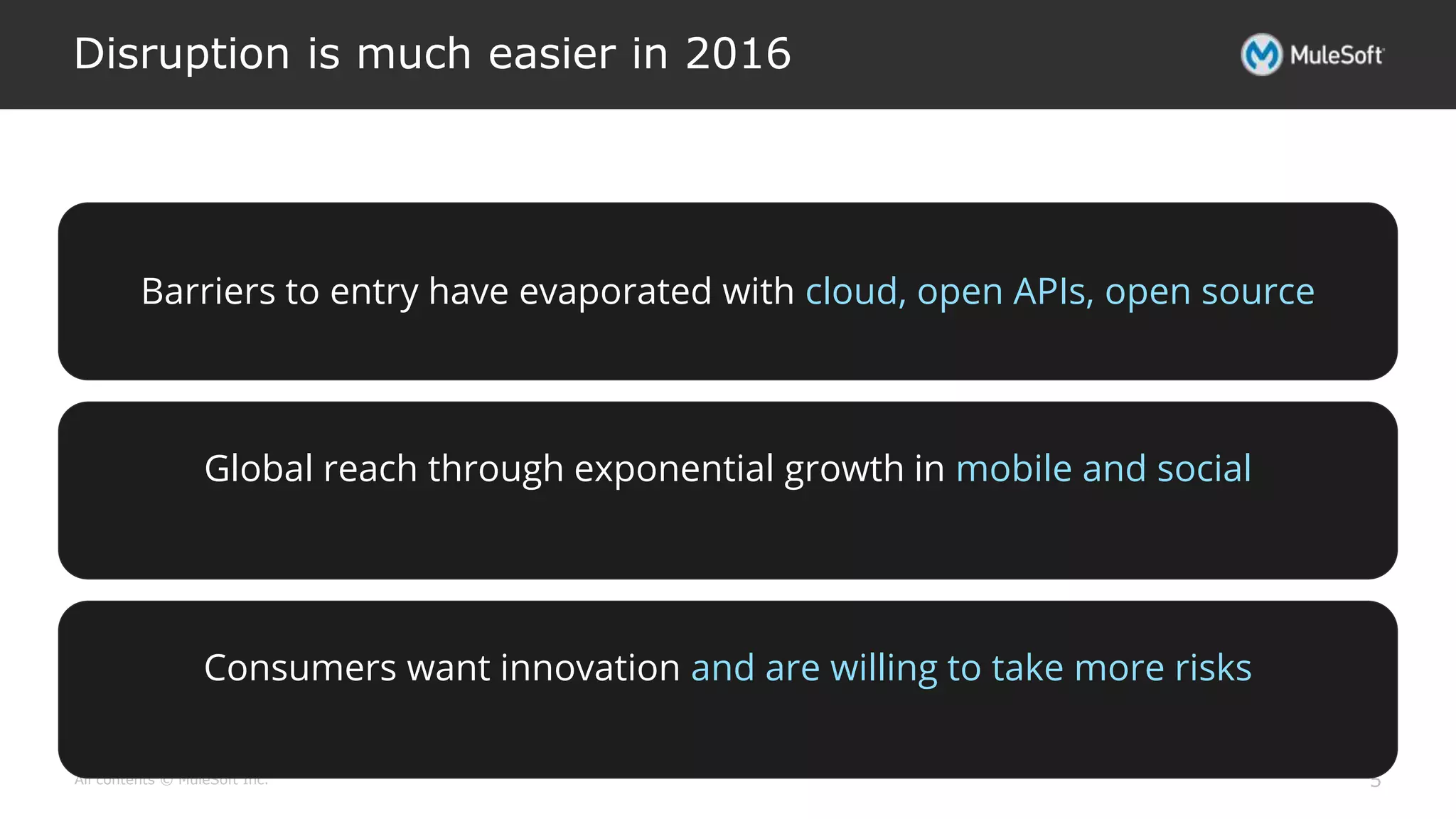 All contents © MuleSoft Inc.
Disruption is much easier in 2016
5
Barriers to entry have evaporated with cloud, open APIs, open source
Global reach through exponential growth in mobile and social
Consumers want innovation and are willing to take more risks
 