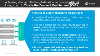 All contents © MuleSoft Inc.
The C4E is a new operating model for IT
• It enables IT and business units to fulfill connectivity
needs through an API-led approach
• It is not a project delivery team, nor is it an ivory
tower, in the way that many Centres of Excellence
(CoEs) have become
• Its primary purpose is the enablement of project
delivery teams to leverage the platform and work in a
faster, more agile and scalable manner - whilst also
driving reuse and mass adoption
• It is an organisational way of working to drive
multi-modal / multi-speed integration
Achieving de-centralisation, federation and speed without
losing control: This is the Centre 4 Enablement (C4E)
 