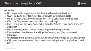 All contents © MuleSoft Inc.
The correct scope for a C4E
18
Principles:
● Be prepared to experiment, fail fast and learn from feedback
● Own Products over taking order (product > project mindset)
● Be a strategic adviser to the business, not a servant to the business
● Own the feature set and prioritise the roadmap
● Focus more on the ‘what’ and ‘why’ than the ‘when’ - take an ‘outside-in’
approach
● Focus on customers, trends, NPS, adoption of the platform
● Ensure direct involvement and input of customers (the business) in
initiatives
● Understand the business as well as the user experience of C4E customers
● C4E team is evaluated on the success and adoption of the platform itself
(KPIs)
 