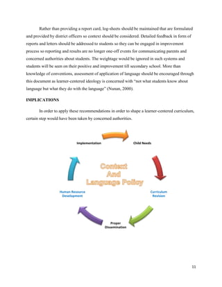 Rather than providing a report card, log-sheets should be maintained that are formulated
and provided by district officers so context should be considered. Detailed feedback in form of
reports and letters should be addressed to students so they can be engaged in improvement
process so reporting and results are no longer one-off events for communicating parents and
concerned authorities about students. The weightage would be ignored in such systems and
students will be seen on their positive and improvement till secondary school. More than
knowledge of conventions, assessment of application of language should be encouraged through
this document as learner-centered ideology is concerned with “not what students know about
language but what they do with the language” (Nunan, 2000).

IMPLICATIONS

       In order to apply these recommendations in order to shape a learner-centered curriculum,
certain step would have been taken by concerned authorities.




                             Implementation                    Child Needs




                   Human Resource                                        Curriculum
                    Development                                           Revision




                                                  Proper
                                              Dissemination




                                                                                                  11
 
