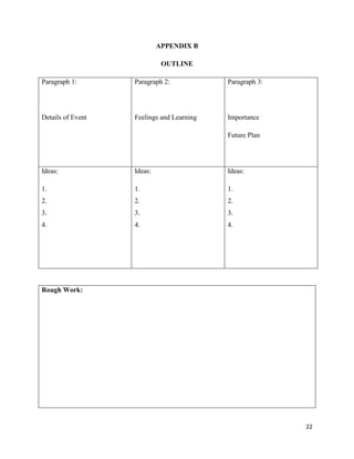 APPENDIX B

                             OUTLINE

Paragraph 1:       Paragraph 2:            Paragraph 3:




Details of Event   Feelings and Learning   Importance

                                           Future Plan




Ideas:             Ideas:                  Ideas:

1.                 1.                      1.
2.                 2.                      2.
3.                 3.                      3.
4.                 4.                      4.




Rough Work:




                                                          22
 