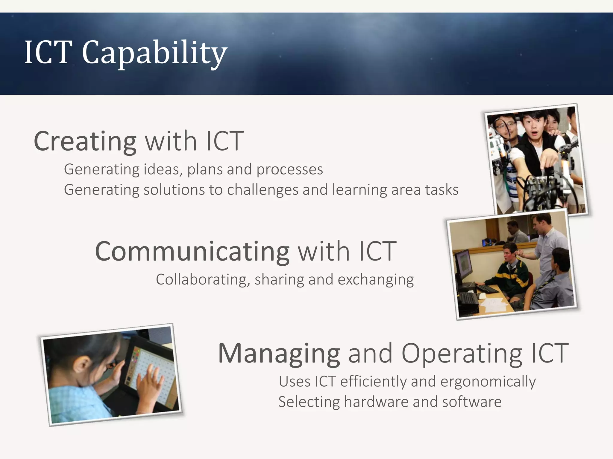 ICT Capability

Creating with ICT
  Generating ideas, plans and processes
  Generating solutions to challenges and learning area tasks


      Communicating with ICT
               Collaborating, sharing and exchanging



                        Managing and Operating ICT
                                 Uses ICT efficiently and ergonomically
                                 Selecting hardware and software
 