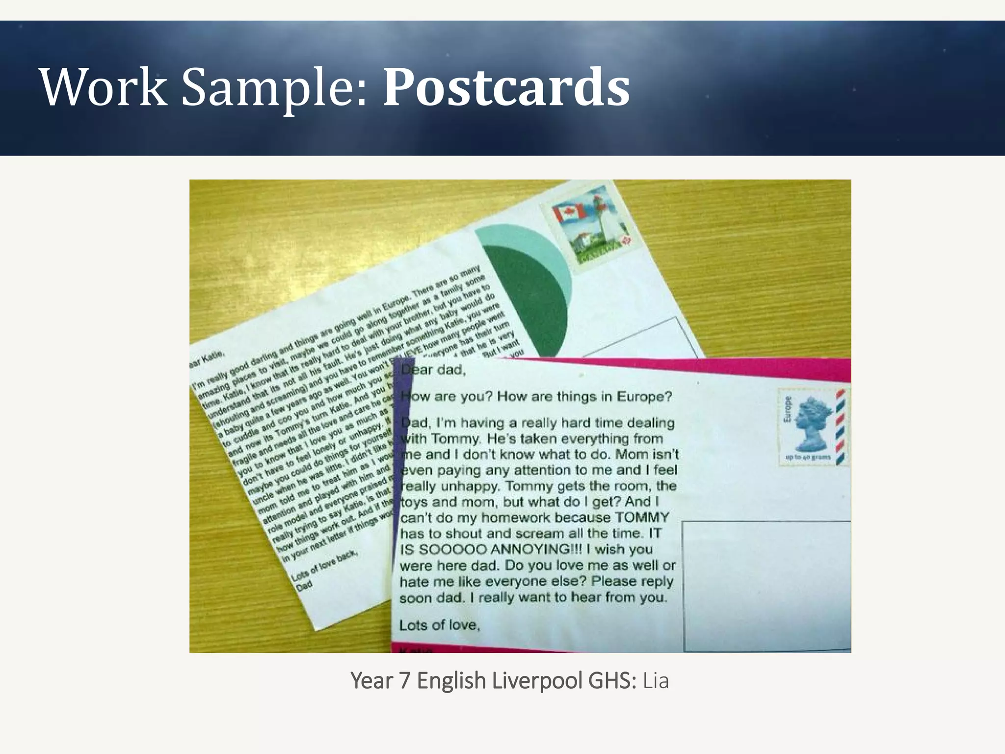 Work Sample: Postcards




           http://www.youtube.com/watch?v=XkYjsoeW1yI

           Year 7 English Liverpool GHS: Lia
 