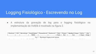 Logging Fisiológico - Escrevendo no Log
● A estrutura da gravação de log para o logging fisiológico na
implementação do VoltDb é mostrado na figura 2.
25
 