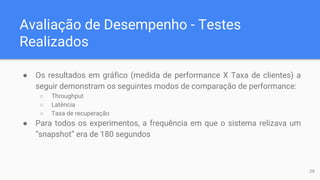 Avaliação de Desempenho - Testes
Realizados
● Os resultados em gráfico (medida de performance X Taxa de clientes) a
seguir demonstram os seguintes modos de comparação de performance:
○ Throughput
○ Latência
○ Taxa de recuperação
● Para todos os experimentos, a frequência em que o sistema relizava um
“snapshot” era de 180 segundos
29
 