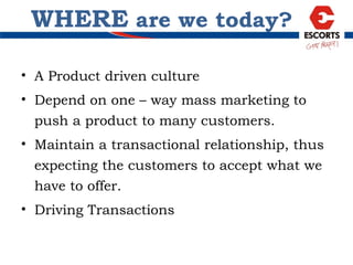 WHERE  are we today? A Product driven culture Depend on one – way mass marketing to push a product to many customers. Maintain a transactional relationship, thus expecting the customers to accept what we have to offer. Driving Transactions  