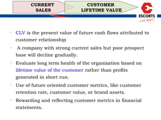 CURRENT  SALES CUSTOMER  LIFETIME VALUE CLV  is the present value of future cash flows attributed to customer relationship A company with strong current sales but poor prospect base will decline gradually. Evaluate long term health of the organization based on  lifetime value of the customer  rather than profits generated in short run. Use of future oriented customer metrics, like customer retention rate, customer value, or brand assets. Rewarding and reflecting customer metrics in financial statements. 