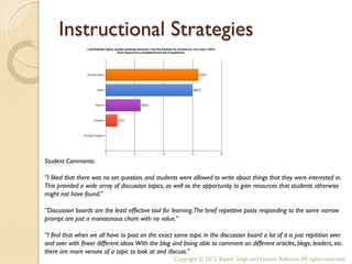 Instructional Strategies




Student Comments:

“I liked that there was no set question, and students were allowed to write about things that they were interested in.
This provided a wide array of discussion topics, as well as the opportunity to gain resources that students otherwise
might not have found.”

“Discussion boards are the least effective tool for learning.The brief repetitive posts responding to the same narrow
prompt are just a monotonous chore with no value.”

“I find that when we all have to post on the exact same topic in the discussion board a lot of it is just repitition over
and over with fewer different ideas. With the blog and being able to comment on different articles, blogs, leaders, etc.
there are more venues of a topic to look at and discuss.”
                                                    Copyright © 2012, Rajesh Singh and Yvonne Ballester, All rights reserved.
 