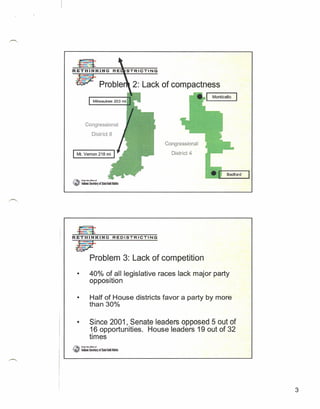 RETHINKING                                  RE



                                                      2: Lack of compactness
                        Milwaukee            203 mi




               Congressional

                      District 8

                                                              Congressional

                                                                District 4




.••••• "HHi     m. eMc..'
""         11lli1i1 StuIUry   of $iJ1Ifodd lotlta




~---------------
RETHINKING                                 REDISTRICTING


     liJ2
                    Problem 3: Lack of competition
       •           40% of all legislative races lack major party
                   opposition

       •            Half of House districts favor a party by more
                    than 30%

       •            Since 2001, Senate leaders opposed 5 out of
                    16 opportunities.                    House leaders 19 out of 32
                    times
~•••
  :        Fi'OInIfi*_"c'u'
il     •.Inllm     Secrlury of Sutllodd Rotlta




                                                                                      3
 