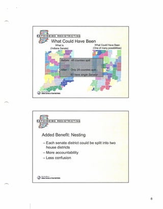 ~~=---=~
Ri2KI;h:~D~~:;~T~:ve                        Been
                                                  What Could Have Been
                                                (One of many possibilities)




RETHINK~IN~G~R~E~D~I~S~T~R~IC~T~I~N~G
~

    lP-
              Added Benefit: Nesting
                 - Each senate district could be split into two
                   house districts
                 - More accountability
                 - Less confusion




.•.;,.~"",   AoooIn,/Moffc   • .,

~ ~,' lallm Ster!tarylrSuteTodd lokita




                                                                              8
 