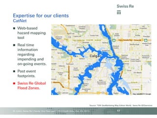 Expertise for our clients
CatNet


Web-based
hazard mapping
tool



Real time
information
regarding
impending and
on-going events.



Post event
footprints.



Swiss Re Global
Flood Zones.

Source: ©GfK GeoMarketing Map Edition World, Swiss Re GEOservices

M. Linkin, Swiss Re | Sandy: One Year Later | Monmouth Univ., Oct. 29, 2013

17

 