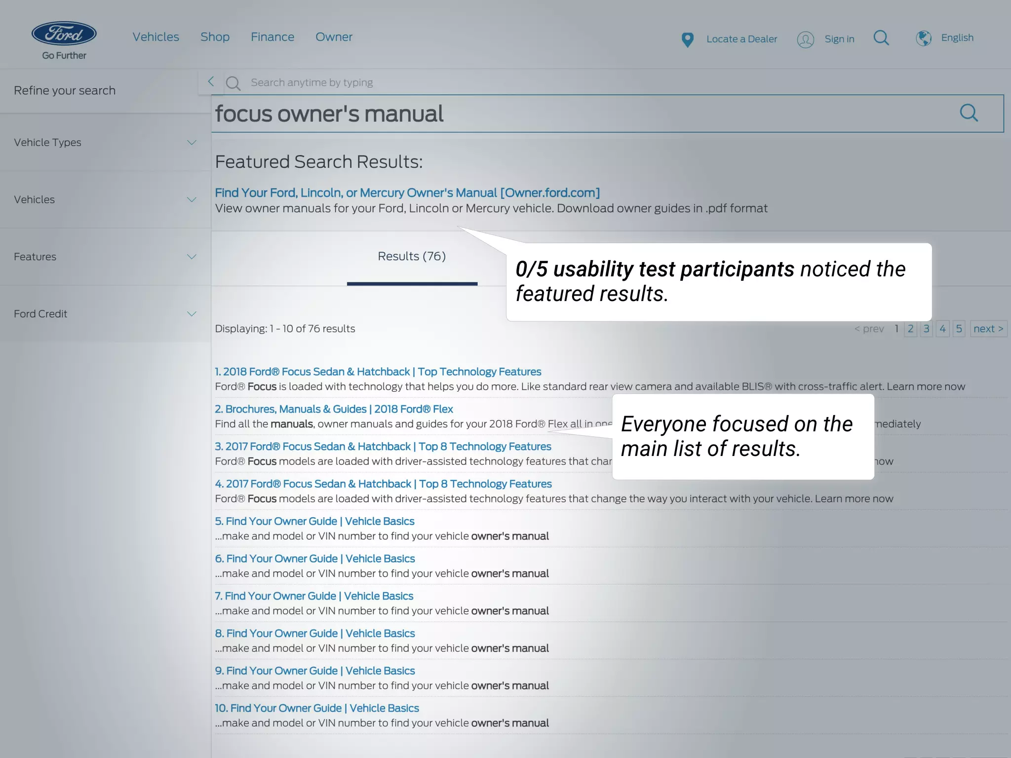0/5 usability test participants noticed the
featured results.
Everyone focused on the
main list of results.
 