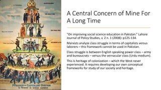 A Central Concern of Mine For
A Long Time
"On improving social science education in Pakistan.“ Lahore
Journal of Policy Studies, v. 2 n. 1 (2008): p125-134.
Marxists analyze class struggle in terms of capitalists versus
laborers – this framework cannot be used in Pakistan.
Class struggle is between English speaking power class – army
and bureaucrats – versus the vernacular class (Urdu medium).
This is heritage of colonization – which the West never
experienced. It requires developing our own conceptual
frameworks for study of our society and heritage.
 