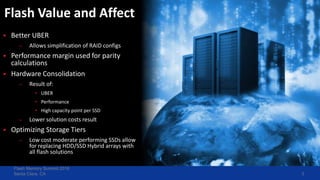 3
 Better UBER
– Allows simplification of RAID configs
 Performance margin used for parity
calculations
 Hardware Consolidation
– Result of:
• UBER
• Performance
• High capacity point per SSD
– Lower solution costs result
 Optimizing Storage Tiers
– Low cost moderate performing SSDs allow
for replacing HDD/SSD Hybrid arrays with
all flash solutions
Flash Value and Affect
Flash Memory Summit 2016
Santa Clara, CA
 