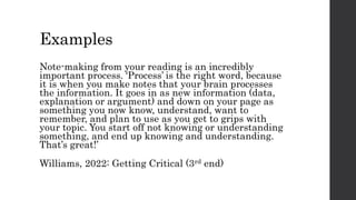 Examples
Note-making from your reading is an incredibly
important process. ‘Process’ is the right word, because
it is when you make notes that your brain processes
the information. It goes in as new information (data,
explanation or argument) and down on your page as
something you now know, understand, want to
remember, and plan to use as you get to grips with
your topic. You start off not knowing or understanding
something, and end up knowing and understanding.
That’s great!’
Williams, 2022: Getting Critical (3rd end)
 