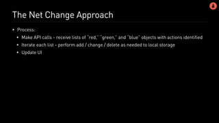 The Net Change Approach
• Process:
• Make API calls - receive lists of “red,” “green,” and “blue” objects with actions identified
• Iterate each list - perform add / change / delete as needed to local storage
• Update UI
 
