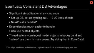 Eventually Consistent DB Advantages
• Significant simplification of syncing code
• Set up DB, set up syncing call. ~10-20 lines of code
• No API calls needed*
• Dependencies much easier to handle
• Can use nested objects
• Thread safety - can ingest model objects in background and
*safely* use them in main queue. Try doing that in Core Data!
* You might need to do authentication / login with an API call prior to setting up your sync
 