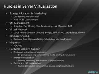 Hurdles in Server Virtualization
 •   Storage Allocation & Interfacing
      – On-demand, Pre-allocation
      – NAS, iSCSI, Local Storage
 •   VM Management
      – Snapshot, Fast Cloning, Thin Provisioning, Live Migration, DRS
 •   Virtual Network
      – L2/L3 Network Design, Directed, Bridged, NAT, VLAN, Load-Balance, Firewall
 •   Resource Sharing
      – Resource Pool, High Availability, Scheduling, Workload Mgmt.
 •   Migration
      – P2V, V2V
 •   Hardware-Assisted Support
      – Privileged instruction virtualization
           •   De-privileging or ring compression to handle privileged instructuions
      – Memory virtualization
           •   Memory partitioning and allocation of physical memory
      – Device and I/O virtualization
           •   Routing I/O requests between virtual devices and physical hardware
 