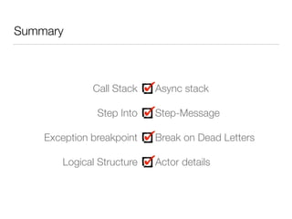 Summary 
Call Stack 
Step Into 
Exception breakpoint 
Logical Structure 
Async stack 
Step-Message 
Break on Dead Letters 
Actor details 
 
