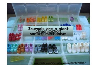 www.flickr.com/photos/sewpixie/2374778051/
Journals are a giant
sorting mechanism
Organization
 