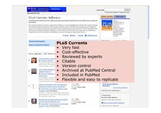 www.plos.org
PLoS Currents
• Very fast
• Cost-effective
• Reviewed by experts
• Citable
• Version control
• Archived at PubMed Central
• Included in PubMed
• Flexible and easy to replicate
 