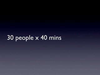 30 people x 40 mins = 20 hours
 