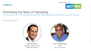 Ian Michiels
Principal Analyst & CEO
Gleanster Research
Featured Speakers:
WEBINAR
Rethinking the Role of Marketing
An innovative look at the evolving link between Marketing and the end-to-end customer lifecycle
COMPLIMENTS OF:
Atri Chatterjee
CMO
Act-On Software
 