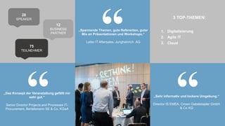 www.2015.mes-production.we-conect.com
„Spannende Themen, gute Referenten, guter
Mix an Präsentationen und Workshops.“
Leiter IT Aftersales, Jungheinrich AG
“
„Sehr informativ und lockere Umgebung.“
Director IS EMEA, Crown Gabelstapler GmbH
& Co KG
“„Das Konzept der Veranstaltung gefällt mir
sehr gut.“
Senior Director Projects and Processes IT-
Procurement, Bertelsmann SE & Co. KGaA
“
75
TEILNEHMER
12
BUSINESS
PARTNER
28
SPEAKER 3 TOP-THEMEN:
1. Digitalisierung
2. Agile IT
3. Cloud
 