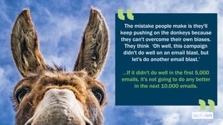 The mistake people make is they'll
keep pushing on the donkeys because
they can't overcome their own biases.
They think ‘Oh well, this campaign
didn't do well on an email blast, but
let's do another email blast.’
…If it didn't do well in the first 5,000
emails, it's not going to do any better
in the next 10,000 emails.
 