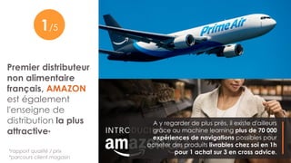 Premier distributeur
non alimentaire
français, AMAZON
est également
l'enseigne de
distribution la plus
attractive*
1/5
*rapport qualité / prix
*parcours client magasin
A y regarder de plus près, il existe d'ailleurs
grâce au machine learning plus de 70 000
expériences de navigations possibles pour
acheter des produits livrables chez soi en 1h
pour 1 achat sur 3 en cross advice.
 
