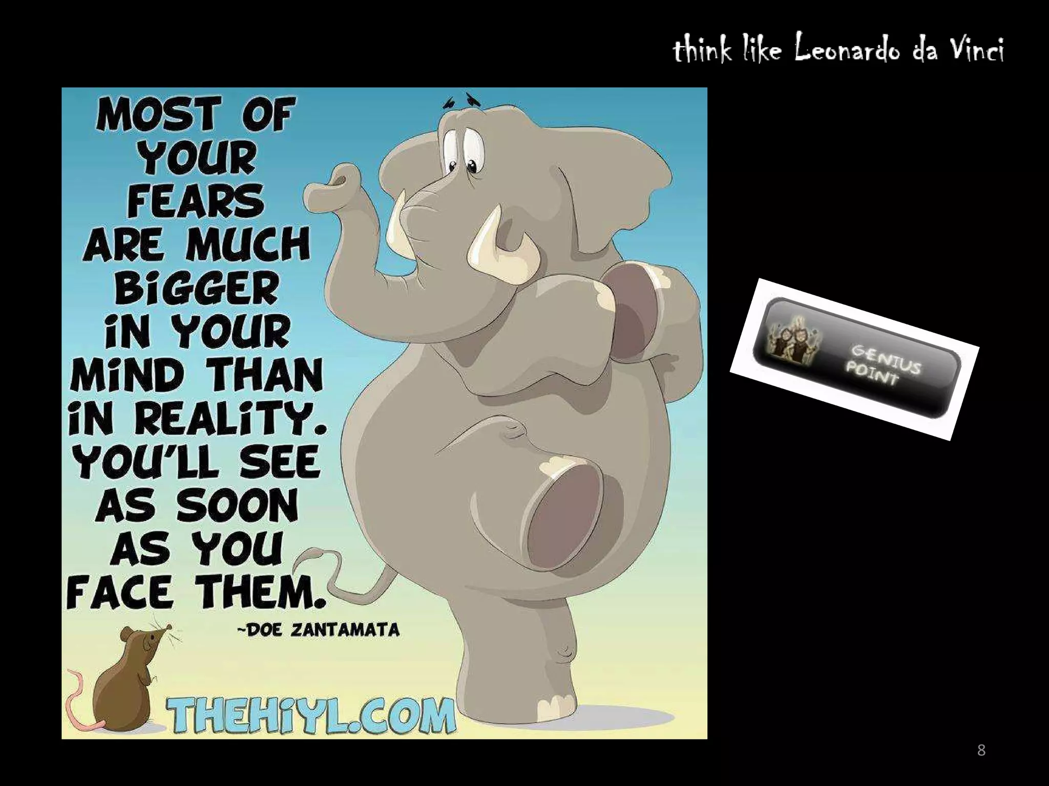 “To see things differently than other people, the most effective solution is to bombard the brain
with things it has never encountered before. Novelty releases the perceptual process from the
shackles of past experience and forces the brain to make new judgments.




                                                                                                    8
 