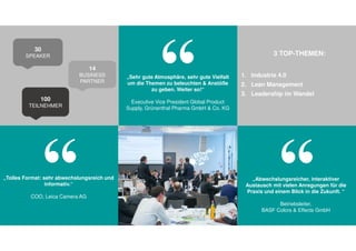 www.2015.mes-production.we-conect.com
„Abwechslungsreicher, interaktiver
Austausch mit vielen Anregungen für die
Praxis und einem Blick in die Zukunft. “
Betriebsleiter,
BASF Colors & Effects GmbH
„Tolles Format: sehr abwechslungsreich und
informativ.“
COO, Leica Camera AG
100
TEILNEHMER
14
BUSINESS
PARTNER
30
SPEAKER 3 TOP-THEMEN:
1. Industrie 4.0
2. Lean Management
3. Leadership im Wandel
„Sehr gute Atmosphäre, sehr gute Vielfalt
um die Themen zu beleuchten & Anstöße
zu geben. Weiter so!“
Executive Vice President Global Product
Supply, Grünenthal Pharma GmbH & Co. KG
 