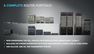 A COMPLETE ROUTER PORTFOLIO




 NOW ADDRESSING THE FULL SERVICE PROVIDER ROUTING OPPORTUNITY ($10B+)
 BUILDING ON STRONG MOMENTUM IN IP EDGE ROUTING WITH COMPELLING IP CORE OFFER
 ONE SILICON, ONE OS, ONE MANAGEMENT SYSTEM

                                                               24
                                      COPYRIGHT © 2011 ALCATEL-LUCENT. ALL RIGHTS RESERVED.
                          ALCATEL-LUCENT — INTERNAL PROPRIETARY — USE PURSUANT TO COMPANY INSTRUCTION
 