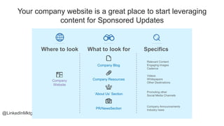 @LinkedInMktg
Your company website is a great place to start leveraging
content for Sponsored Updates
SpecificsWhere to lo...