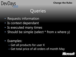 Change the Rules


                     Queries
•   Requests information
•   Is context dependant
•   Is executed many times
•   Should be simple (select * from x where y)

• Examples:
    – Get all products for user X
    – Get total price of all orders of month May
 
