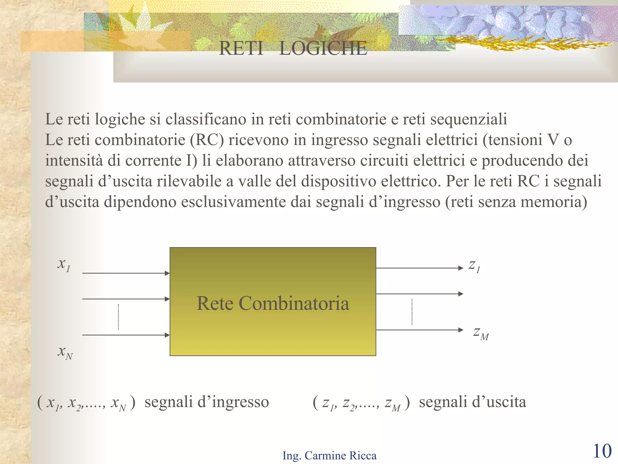 RETI  LOGICHE Le reti logiche si classificano in reti combinatorie e reti sequenziali  Le reti combinatorie (RC) ricevono in ingresso segnali elettrici (tensioni V o intensità di corrente I) li elaborano attraverso circuiti elettrici e producendo dei  segnali d’uscita rilevabile a valle del dispositivo elettrico. Per le reti RC i segnali  d’uscita dipendono esclusivamente dai segnali d’ingresso (reti senza memoria)  Rete Combinatoria x N x 1 z 1 z M (  x 1 , x 2 ,...., x N   )  segnali d’ingresso  (  z 1 , z 2 ,...., z M   )  segnali d’uscita 