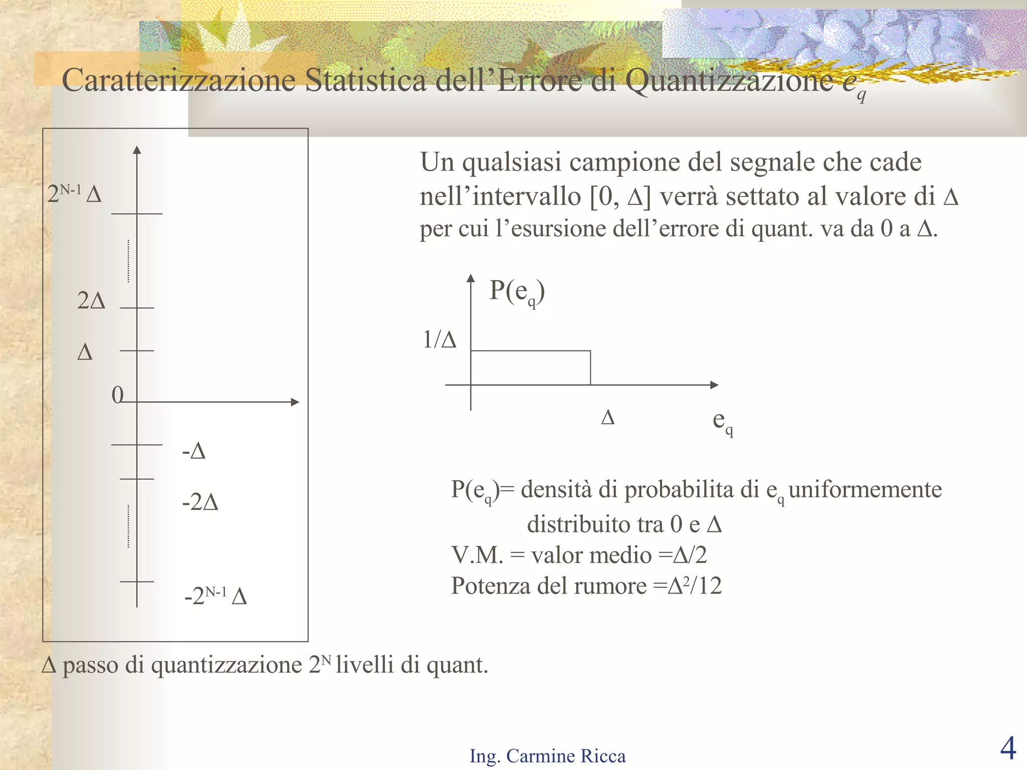 Caratterizzazione Statistica dell’Errore di Quantizzazione  e q  2  2 N-1   -  -2  -2 N-1   0 Un qualsiasi campione del segnale che cade nell’intervallo [0,   ] verrà settato al valore di   per cui l’esursione dell’errore di quant. va da 0 a   .    passo di quantizzazione 2 N  livelli di quant.  1/  P(e q ) e q P(e q )= densità di probabilita di e q  uniformemente  distribuito tra 0 e   V.M. = valor medio =  /2 Potenza del rumore =  2 /12 