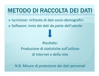 METODO DI RACCOLTA DEI DATI
Iscrizione: richiesta di dati socio-demografici
Software: invio dei dati da parte dell’utente
Risultato:
Produzione di statistiche sull’utilizzo
di Internet e della rete
N.B. Misure di protezione dei dati personali
 