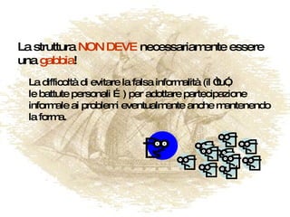 La struttura  NON DEVE  necessariamente essere una  gabbia ! La difficoltà di evitare la falsa informalità (il “tu”,  le battute personali …) per adottare partecipazione  informale ai problemi eventualmente anche mantenendo la forma. 