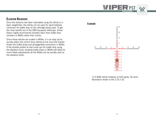 98
17.5 MOA reticle holdover at 625 yards. No wind.
Illustration shown is the 2-10 x 32.
Example
Elevation Holdovers
Once the distance has been calculated using the reticle or a
laser rangefinder, the reticle can be used for rapid holdover
correction for bullet drop of the cartridge being used. To get
the most benefit out of the EBR equipped riflescope, Vortex
Optics highly recommends shooters learn their bullet drop
numbers in MOAs rather than inches.
Since these reticles are scaled in MOAs, it is an easy job to
quickly select the correct drop reference line once the shooter
knows the bullet drops and windage/lead corrections in MOAs.
If the shooter prefers to dial come ups for bullet drop using
the elevation knob, knowing bullet drops in MOAs will allow for
much faster adjustments as the MOAs can be quickly read on
the elevation knob.
 