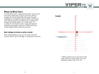 1110
3 MOA correction for 15 mph wind at 700
yards. Elevation already dialed into turret.
Illustration shown is the 3-15 x 44.
15 mph wind
Example
Windage and Moving Targets
The EBR MOA reticle is highly effective when used for wind
and moving target leads. Using the reticle for effective
windage and moving target leads will require thorough
knowledge of your weapons system’s ballistic performance
under varying conditions and experience in reading wind
strengths and target speeds. As in bullet drops, it is
important for the shooter to learn a particular weapon’s
windage/moving target corrections in MOAs rather than
inches. Always hold the reticle into the wind.
Basic windage correction on center crosshair
When dialing elevation come ups, the center horizontal
crosshair will be used for windage or moving lead corrections.
 