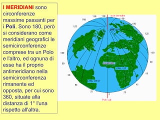    
                   
I MERIDIANI       sono
circonferenze      
                   
massime passanti per
                   
                   
i Poli. Sono 180, però
                   
si considerano come
                   
                   
meridiani geografici le
                   
semicirconferenze
                   
comprese tra    Polo
                  un
                   
e l'altro, ed ognuna di
                   
                   
esse ha il proprio
                   
antimeridiano nella
                   
                   
semicirconferenza
                   
rimanente ed   
                   
opposta, per     sono
                 cui
                   
360, situate alla
                   
distanza di 1° l'una
                   
                   
rispetto all'altra.
                   
                  
 