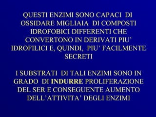 QUESTI ENZIMI SONO CAPACI DI
   OSSIDARE MIGLIAIA DI COMPOSTI
     IDROFOBICI DIFFERENTI CHE
    CONVERTONO IN DERIVATI PIU’
IDROFILICI E, QUINDI, PIU’ FACILMENTE
               SECRETI

I SUBSTRATI DI TALI ENZIMI SONO IN
GRADO DI INDURRE PROLIFERAZIONE
 DEL SER E CONSEGUENTE AUMENTO
    DELL’ATTIVITA’ DEGLI ENZIMI
 