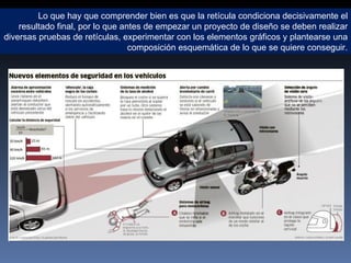 Lo que hay que comprender bien es que la retícula condiciona decisivamente el resultado final, por lo que antes de empezar un proyecto de diseño se deben realizar diversas pruebas de retículas, experimentar con los elementos gráficos y plantearse una composición esquemática de lo que se quiere conseguir. 