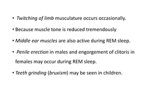 • Twitching of limb musculature occurs occasionally.
• Because muscle tone is reduced tremendously
• Middle ear muscles are also active during REM sleep.
• Penile erection in males and engorgement of clitoris in
females may occur during REM sleep.
• Teeth grinding (bruxism) may be seen in children.
 